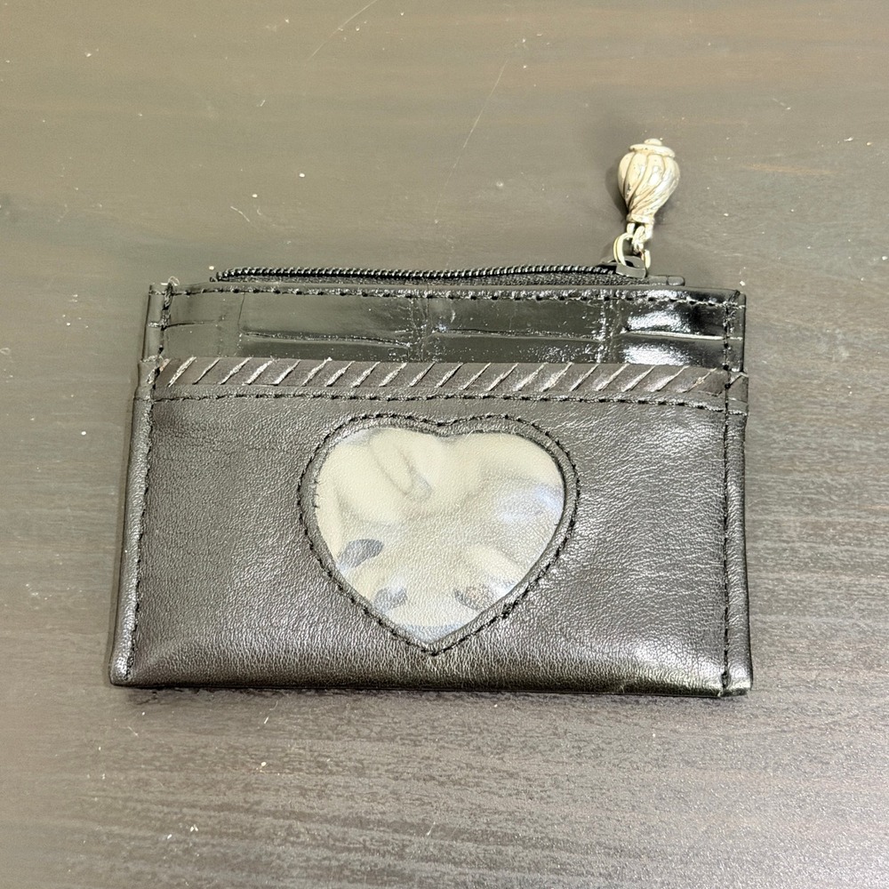 Brighton Black Leather Heart ID Card Case Coin Pouch Wallet Croc Embossed